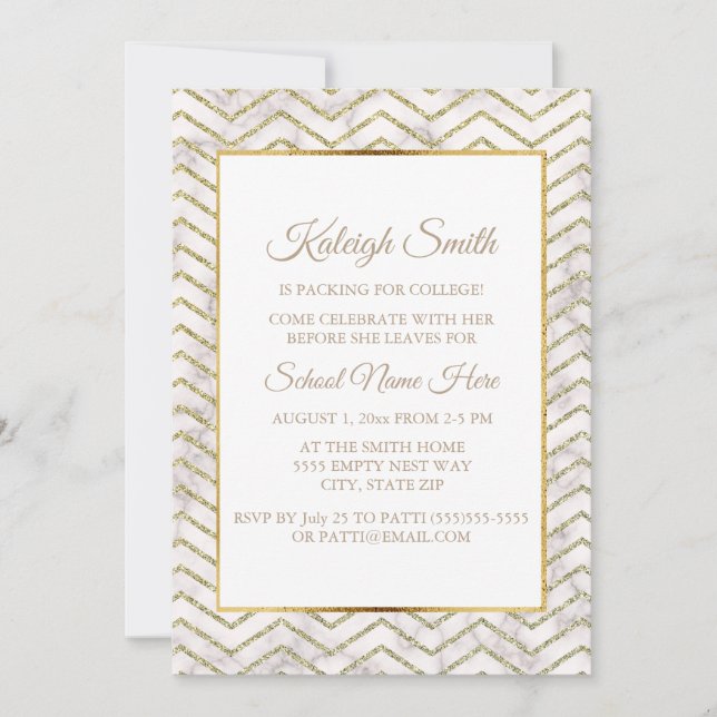 Gold and White Trunk Party "Off To College" Invite (Front)