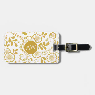 Gold and White Victorian Floral Lace Monogram Luggage Tag