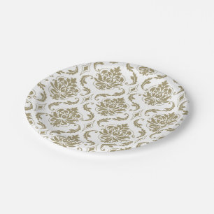 Gold and White Vintage Damask Pattern Paper Plate
