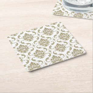Gold and White Vintage Damask Pattern Square Paper Coaster