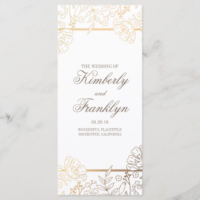 Gold and White Vintage Floral Wedding Programs Programme (Front)