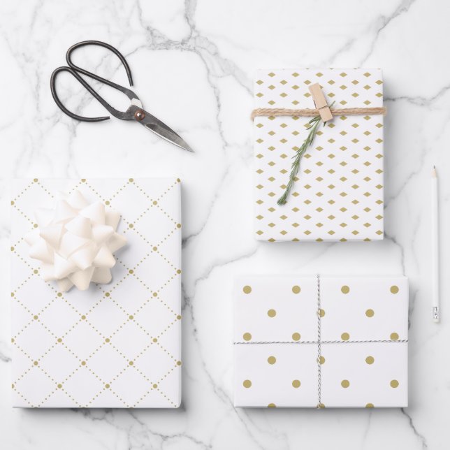 Gold and White Wrapping Paper Flat Sheet Set of 3 (Front)