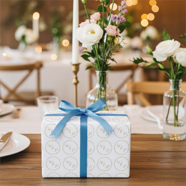 Gold and Whtie Bride and Groom Monogrammed Wrapping Paper (Creator Uploaded)