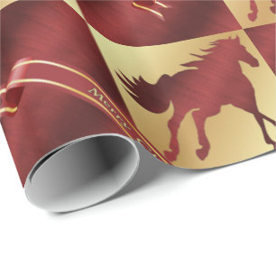 Gold and Wine Horse Merry Christmas Lg. Print Wrapping Paper