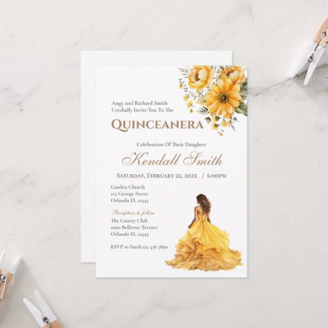 Gold and Yellow Floral Princess Quinceanera Invitation (Front/Back In Situ)