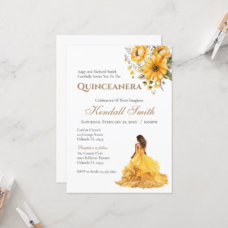 Gold and Yellow Floral Princess Quinceanera Invitation