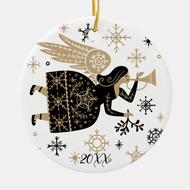 Gold Angel Stars Christmas Carol Folkart  Ceramic Tree Decoration (Front)