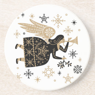Gold Angel Stars Christmas Carol Folkart Square Coaster