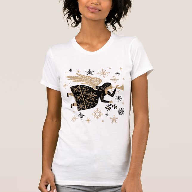 Gold Angel Stars Christmas Carol Folkart  T-Shirt (Front)