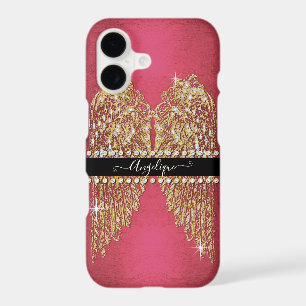 Gold Angel Wings Hot Pink Foil Look Diamond Jewels