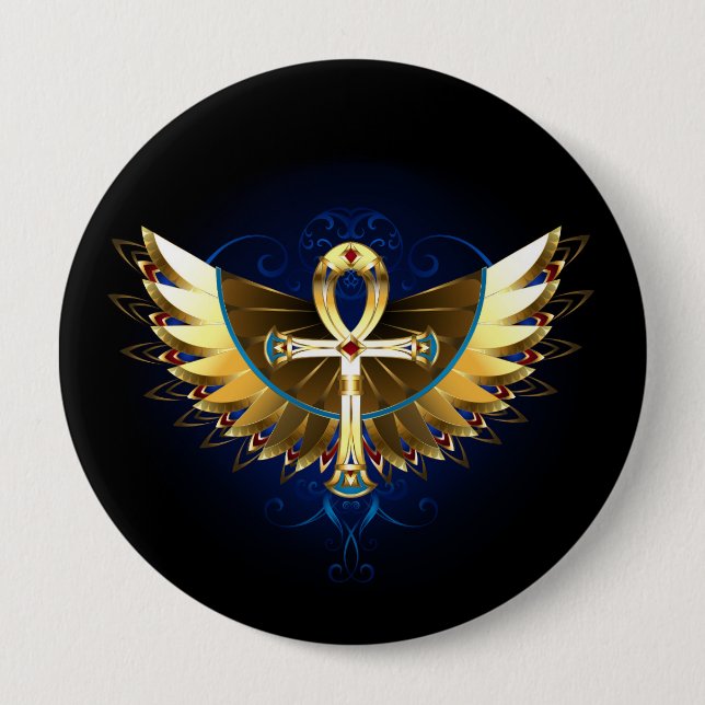 Gold Ankh with Wings 10 Cm Round Badge (Front)