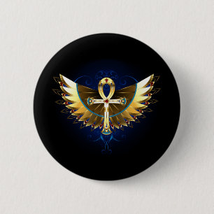 Gold Ankh with Wings 6 Cm Round Badge