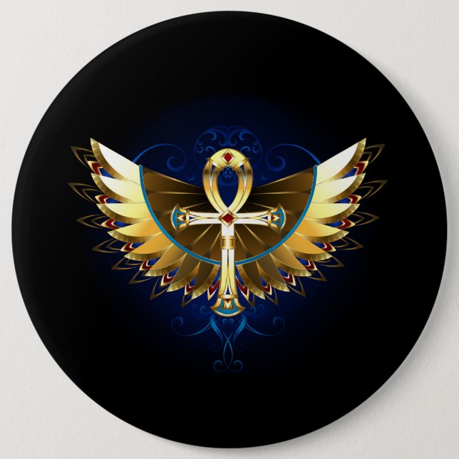 Gold Ankh with Wings 6 Cm Round Badge (Front)
