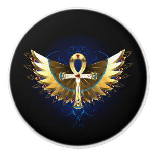 Gold Ankh with Wings Ceramic Knob