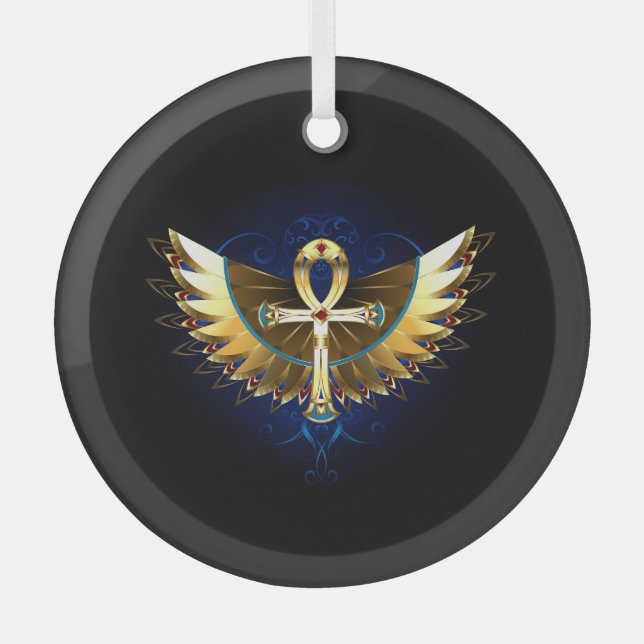 Gold Ankh with Wings Glass Tree Decoration (Front)