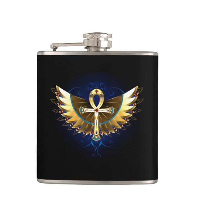 Gold Ankh with Wings Hip Flask (Front)