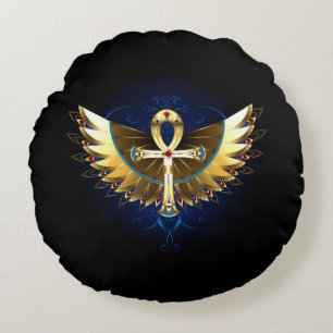 Gold Ankh with Wings Round Cushion