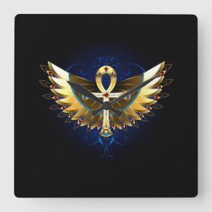 Gold Ankh with Wings Square Wall Clock
