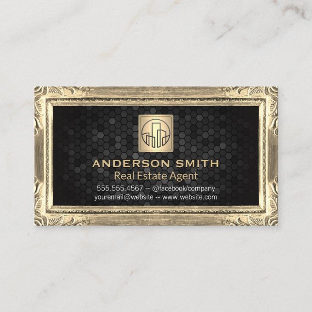 Gold Antique Border | Building Icon | Geometric Business Card (Front)
