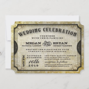 Gold Antique Ticket Wedding Invite Reception Info