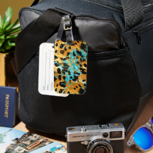 Gold Aqua Black Leopard Animal Luggage Tag