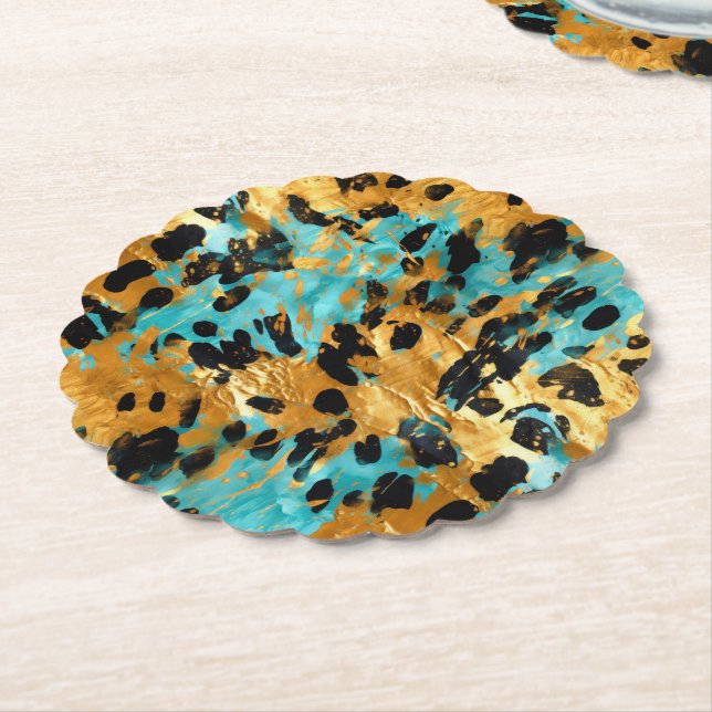 Gold Aqua Black Leopard Animal  Paper Coaster (Angled)