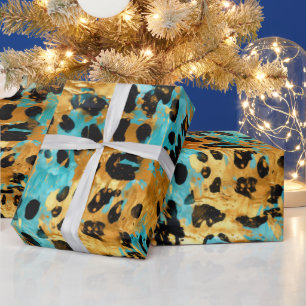 Gold Aqua Black Leopard Animal Wrapping Paper