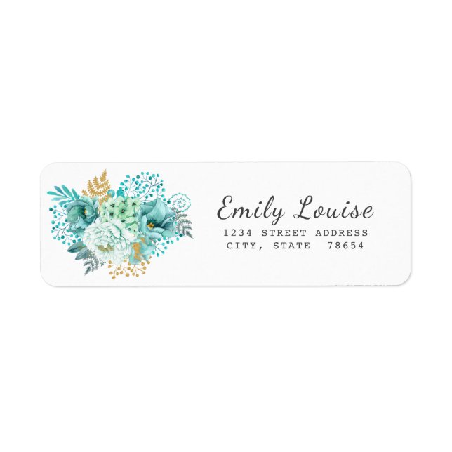 Gold Aqua Blue Floral Return Address Label (Front)