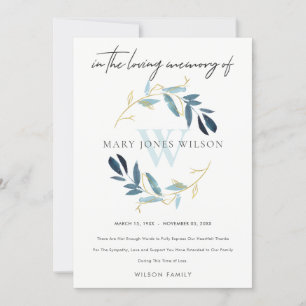 GOLD AQUA BLUE FOLIAGE WREATH SYMPATHY MEMORIAL THANK YOU CARD