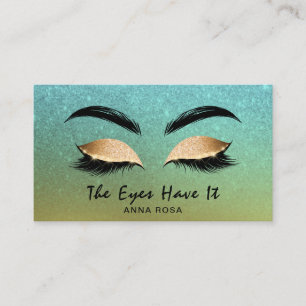 *~* Gold Aqua Blue Glitter Lashes Extensions Brows Business Card