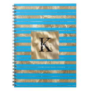Gold Aqua Blue Stripes Monogram Name Notebook