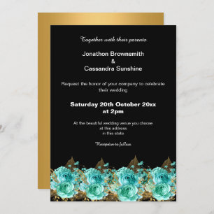 Gold Aqua Floral Wedding Black Background Invitation