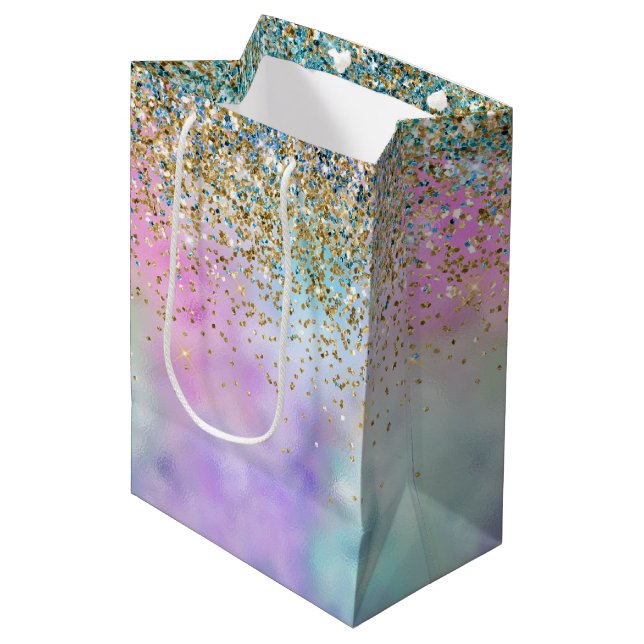 Gold Aqua Glitter Purple White Unicorn Sparkle Medium Gift Bag (Front Angled)