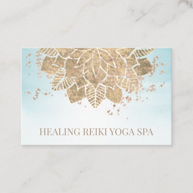 *~* Gold Aqua Glitter Yoga Spiritual Reiki Mandala Business Card (Front)