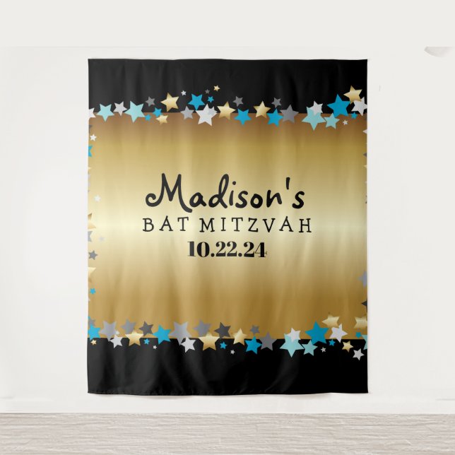 GOLD Aqua Gold Stars Bat Mitzvah Photo Op Backdrop Tapestry (Front)