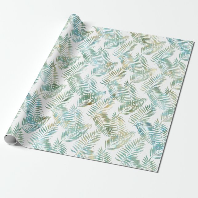 Gold Aqua Green Tropical Leaves Wrapping Paper (Unrolled)