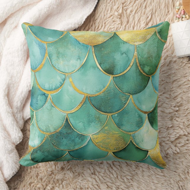 Gold Aqua Mermaid Scale Watercolor Pattern Cushion (Blanket)