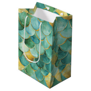 Gold Aqua Mermaid Scale Watercolor Pattern Medium Gift Bag