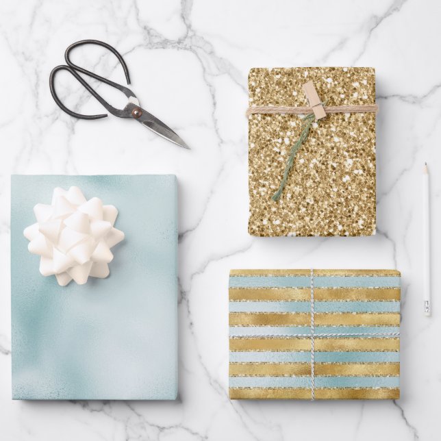 Gold Aqua Mint Glitter Stripes Wrapping Paper Sheet (Front)