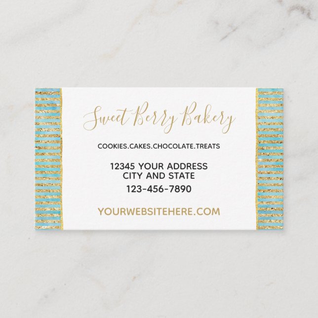 Gold Aqua Mint Watercolor Glitzy Stripes Business Card (Front)
