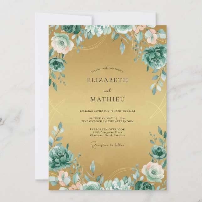 Gold Aqua Painted Wedding Invitation (Front)
