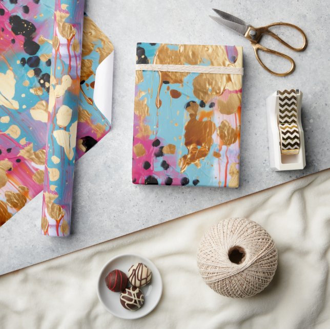 Gold Aqua Pink Abstract Leopard Wrapping Paper (Crafts)