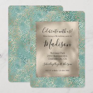 Gold Aqua Teal Turquoise Glam Leopard Print Invitation