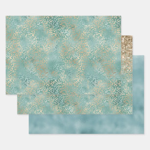 Gold Aqua Teal Turquoise Glam Leopard Print Wrapping Paper Sheet