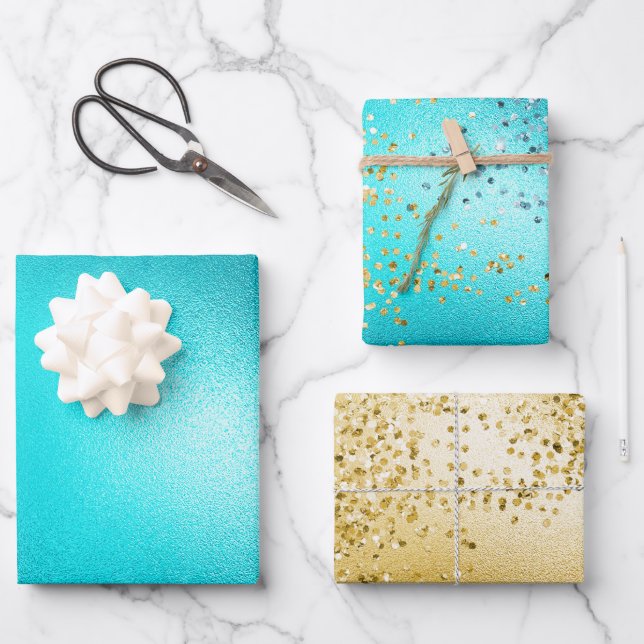 Gold Aqua Turquoise Glitter Sparkle Mermaid   Wrapping Paper Sheet (Front)