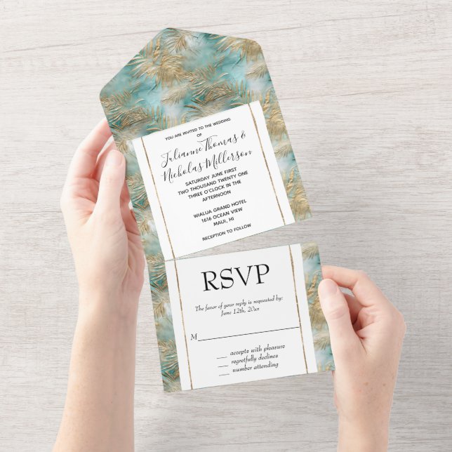 Gold Aqua White Tropical Leaves All In One Invitation (Tearaway)