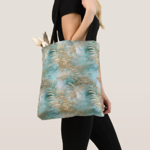 Gold Aqua White Tropical Leaves Tote Bag