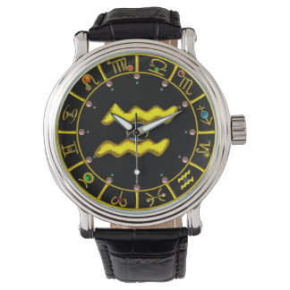 GOLD AQUARIUS AND ZODIACAL SIGNS CHART,GEMSTONES WATCH