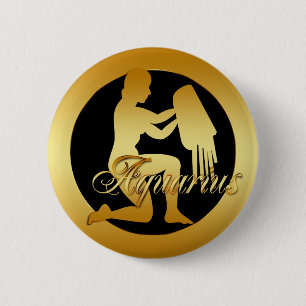 GOLD AQUARIUS ZODIAC SIGN 6 CM ROUND BADGE