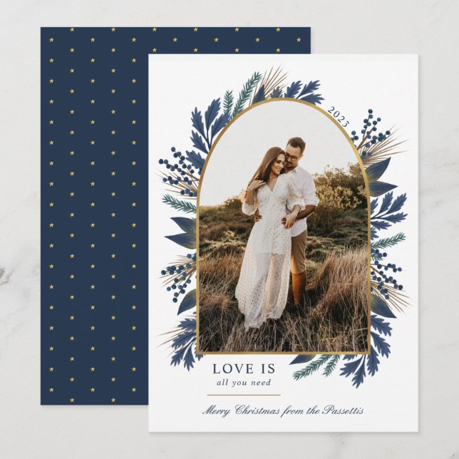 Gold Arch Elegant Foliage Navy One Photo Christmas Holiday Card (Front/Back)